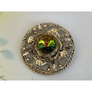 VIntage 1960s Brooch Brass Filigree Rivoli Watermelon brooch